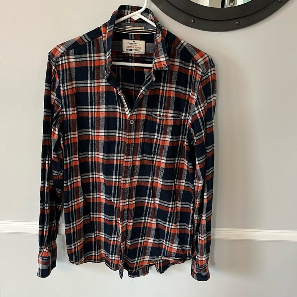 On The Road Men's Orange and Blue Plaid Shirt